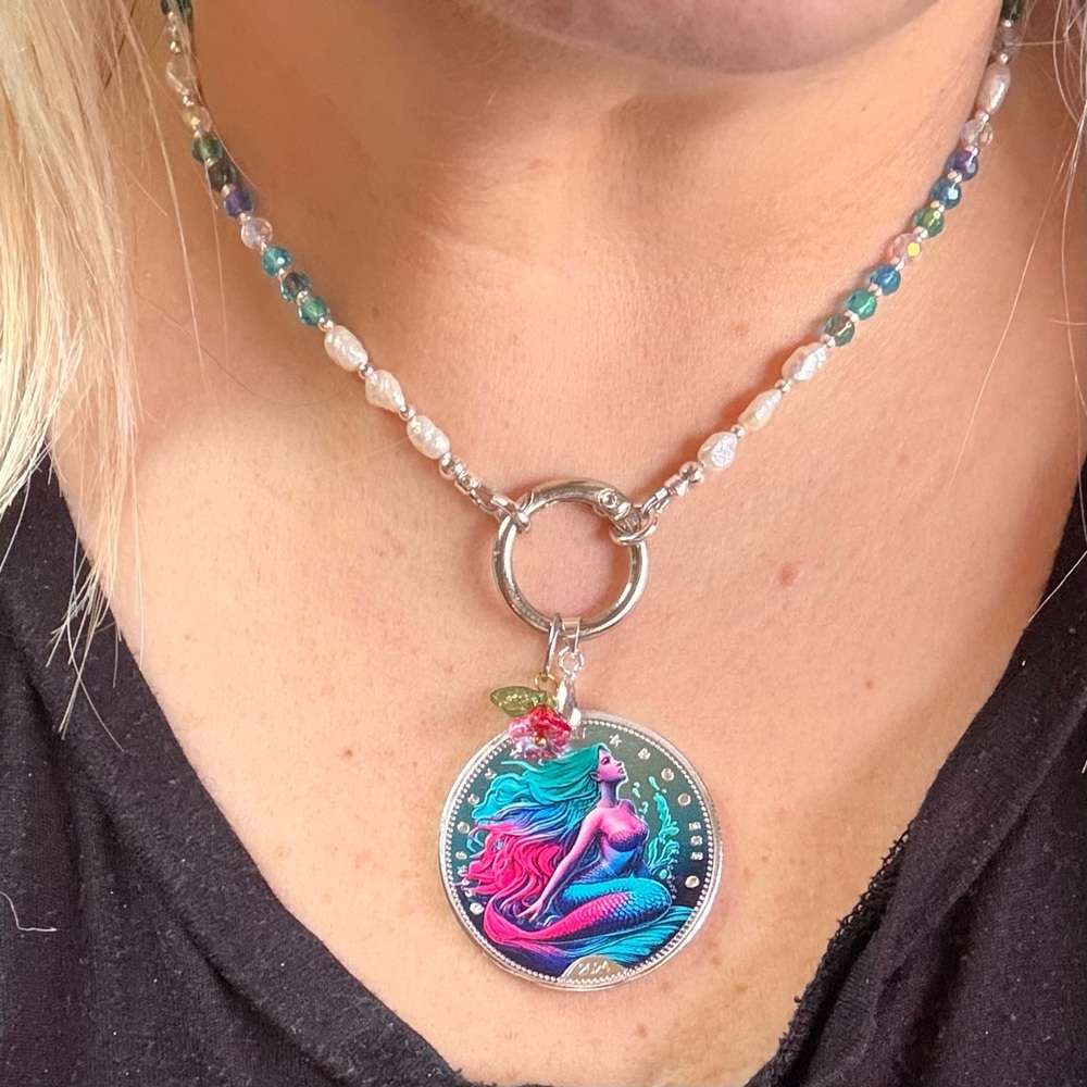 Artisan Handcrafted Mermaid Coin Beaded Necklace & Earrings Teal Pink Silver